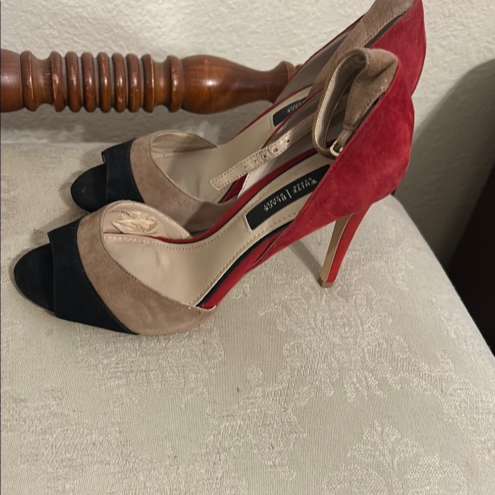 White House Black Market Tri-Color Suede Open-Toe Stiletto Heels